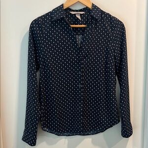 H&M Navy Blue Patterned Button Down Shirt Top Blouse